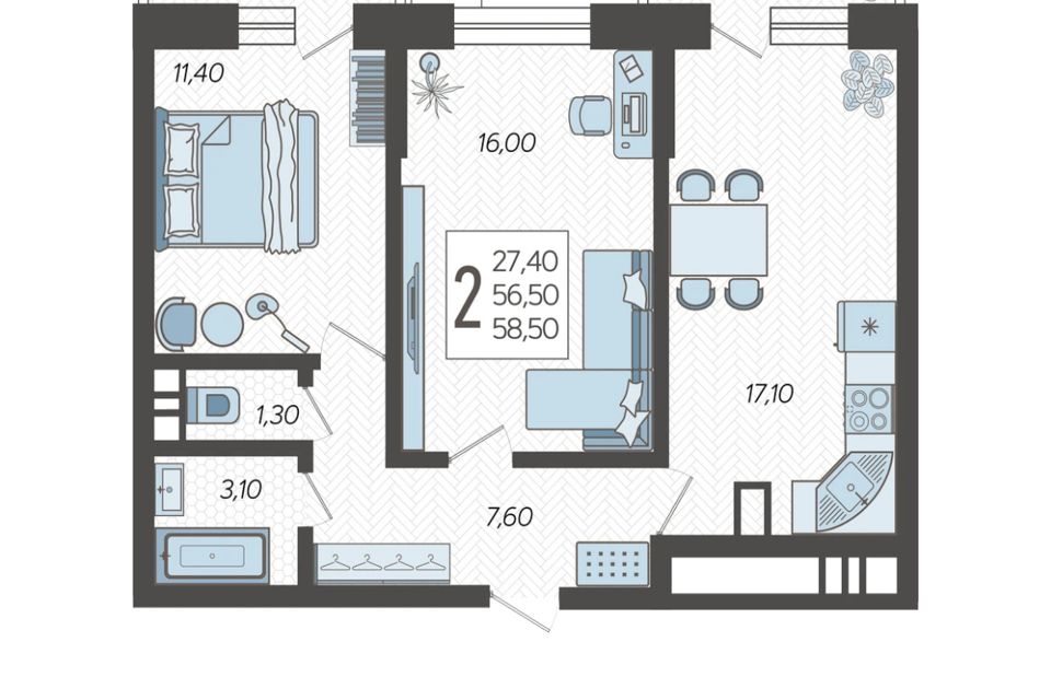 Продаётся 2-комнатная квартира, 58.5 м²