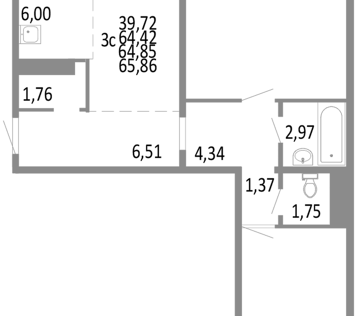 Продаётся 3-комнатная квартира, 64.85 м²