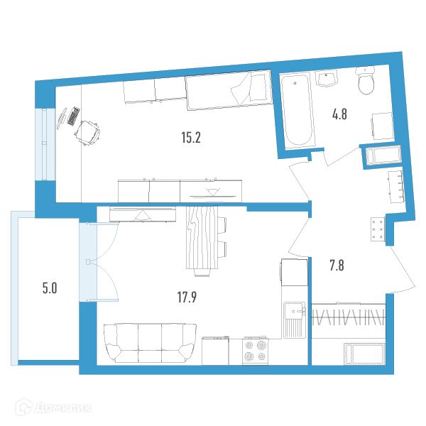 Продаётся 1-комнатная квартира, 48.2 м²