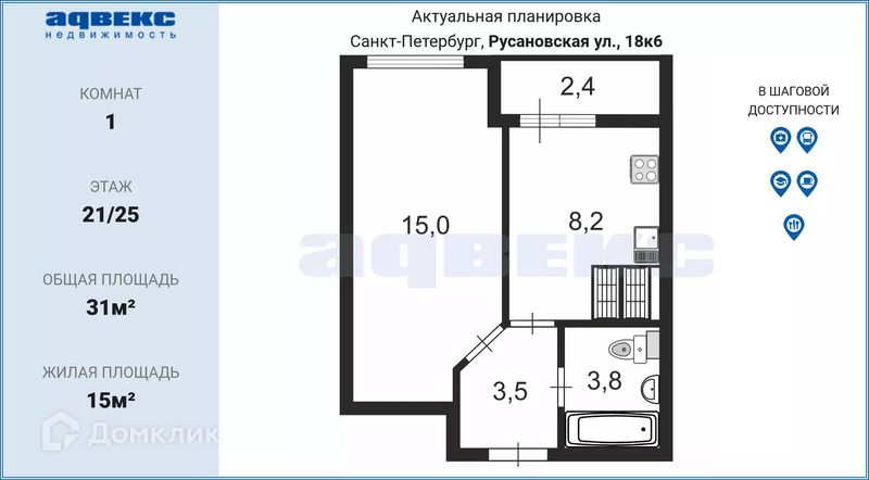 Продаётся 1-комнатная квартира, 31 м²