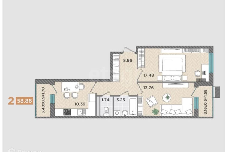 Продаётся 2-комнатная квартира, 56.2 м²