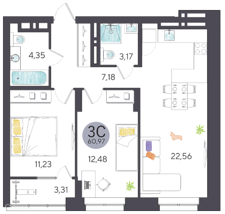 Продаётся 3-комнатная квартира, 60.97 м²