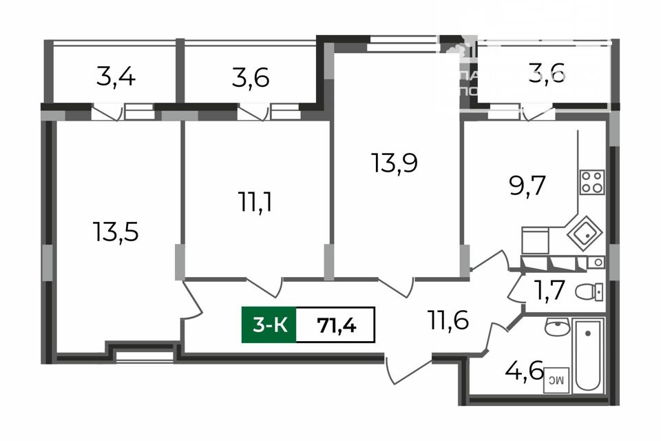 Продаётся 3-комнатная квартира, 71.4 м²