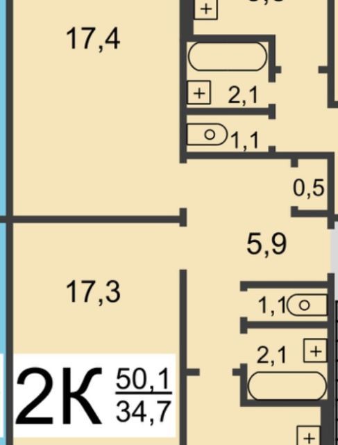 Продаётся 2-комнатная квартира, 59.1 м²