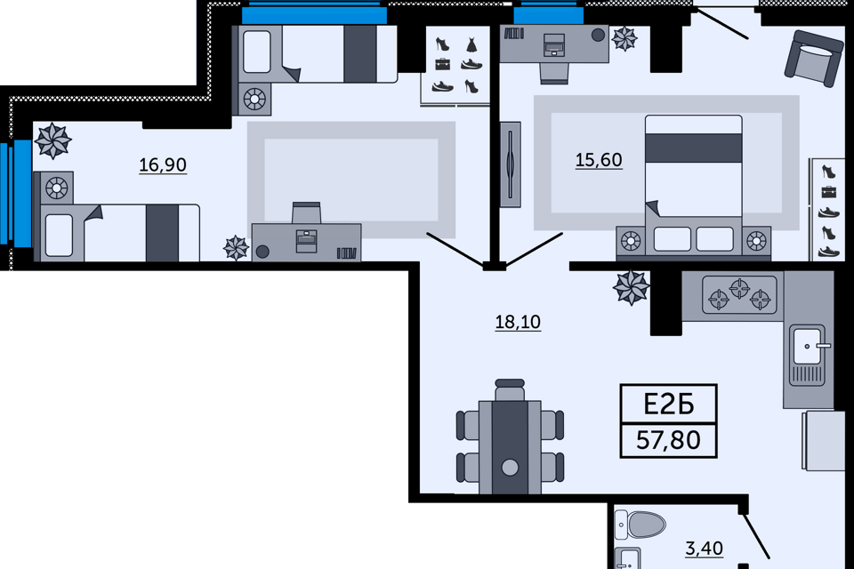 Продаётся 2-комнатная квартира, 57.6 м²
