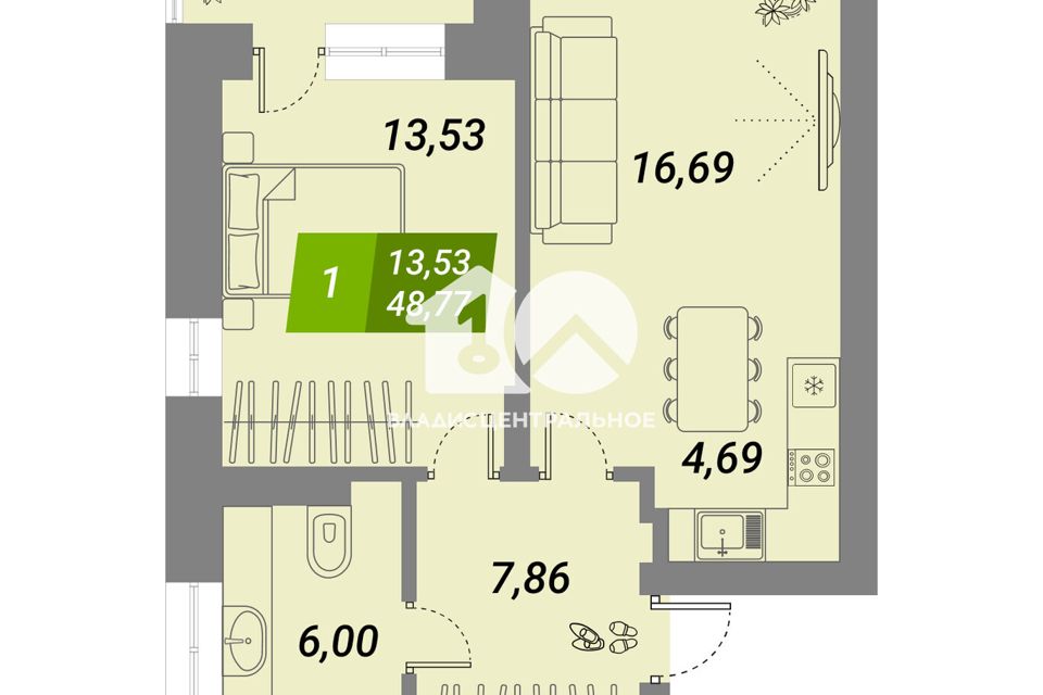 Продаётся 1-комнатная квартира, 48.5 м²