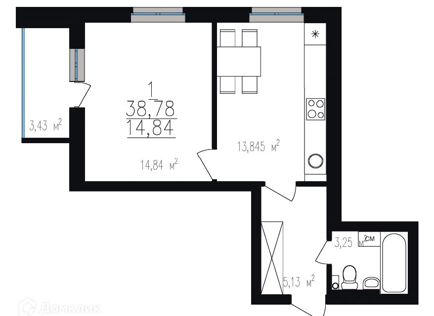 Продаётся 1-комнатная квартира, 38.78 м²