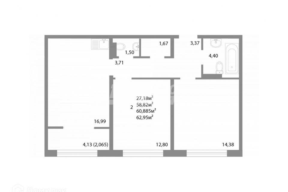 Продаётся 2-комнатная квартира, 60.89 м²
