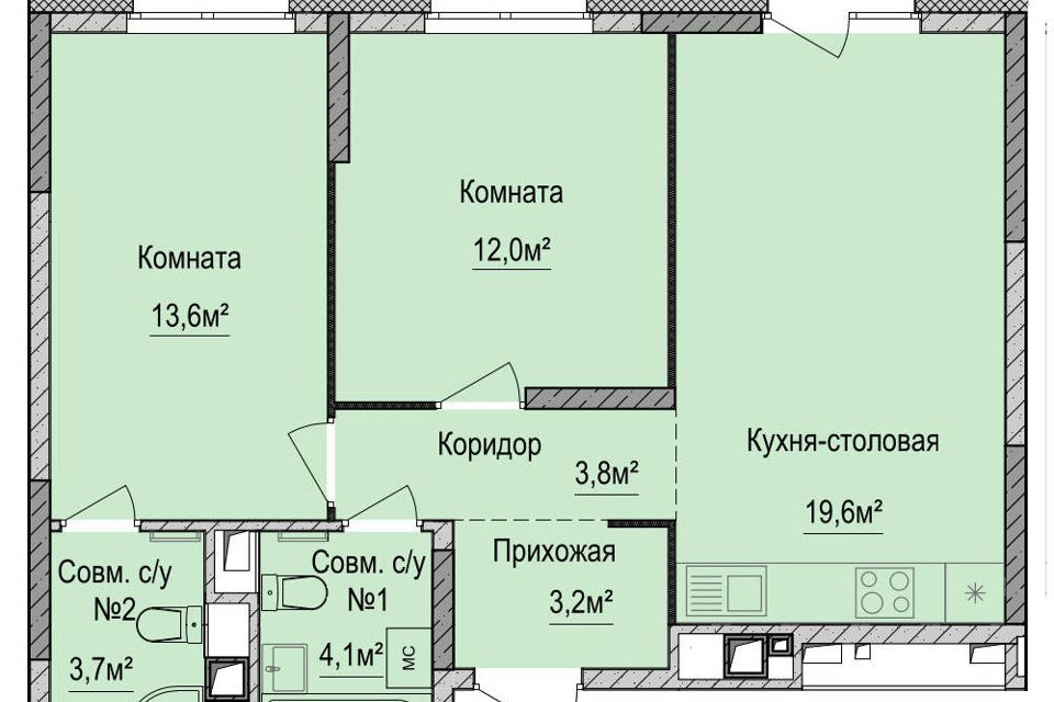 Продаётся 2-комнатная квартира, 60.4 м²
