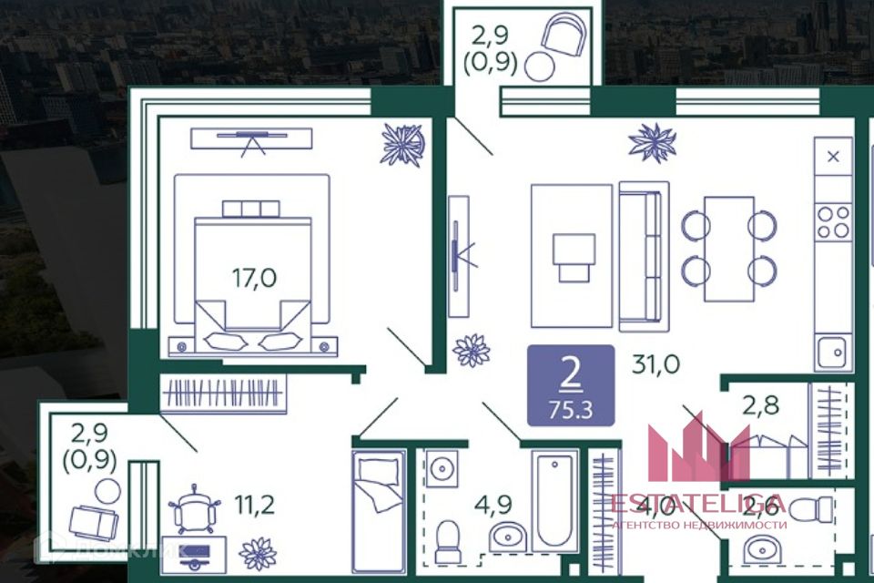 Продаётся 2-комнатная квартира, 75.3 м²