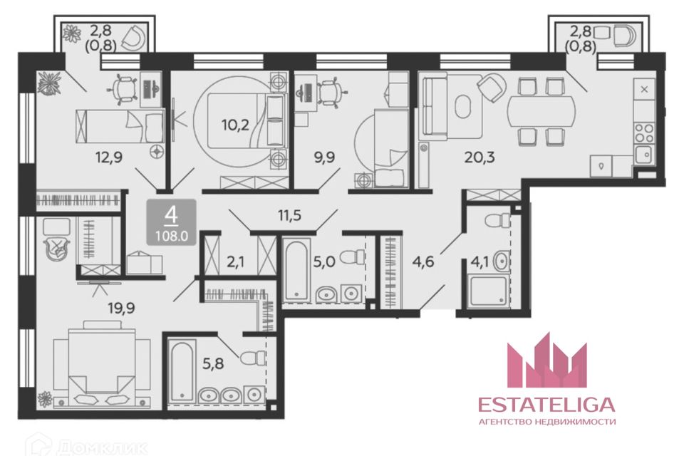 Продаётся 4-комнатная квартира, 107.9 м²