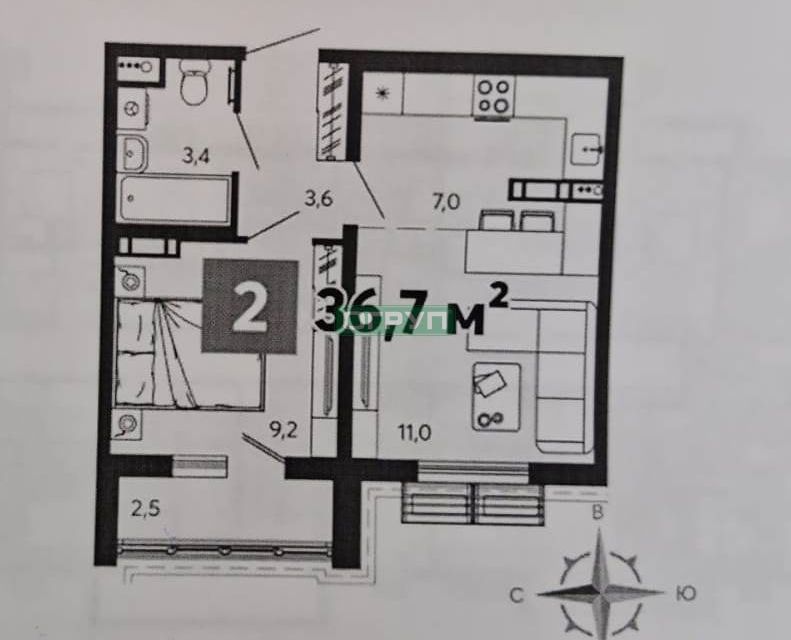 Продаётся 2-комнатная квартира, 36.7 м²