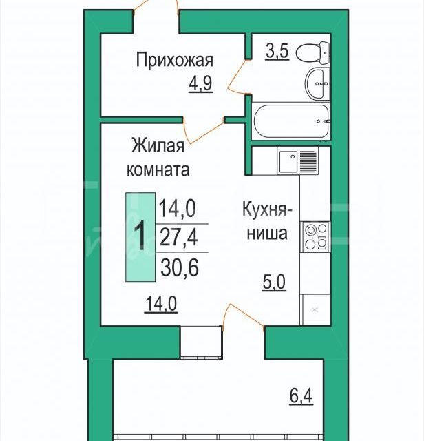 Продаётся 1-комнатная квартира, 30.6 м²