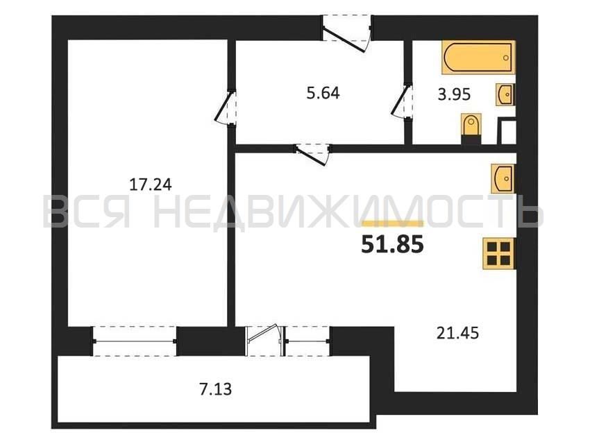 Продаётся 1-комнатная квартира, 49.1 м²