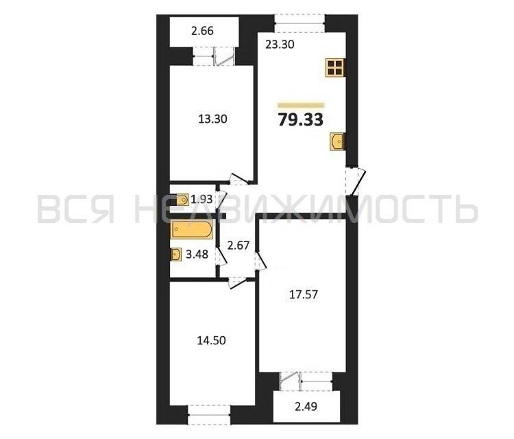 Продаётся 3-комнатная квартира, 76.8 м²
