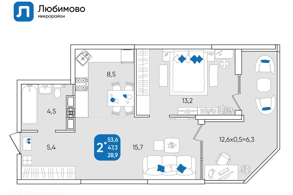 Продаётся 2-комнатная квартира, 53.6 м²