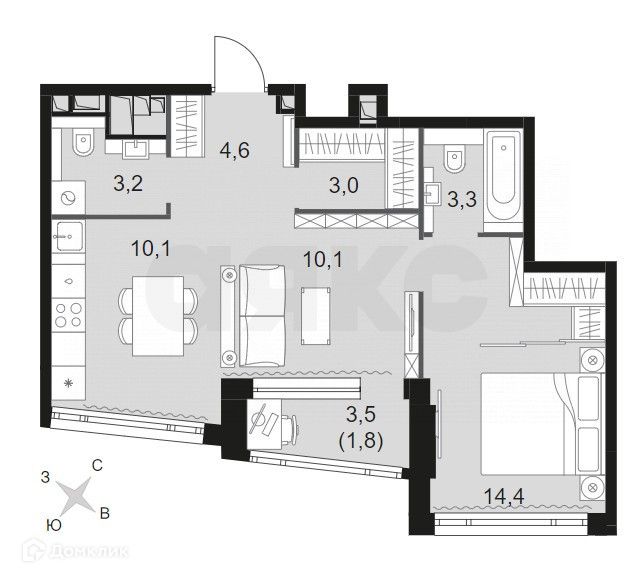 Продаётся 2-комнатная квартира, 50.6 м²