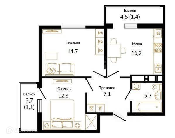 Продаётся 2-комнатная квартира, 58.4 м²