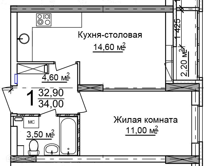 Продаётся 1-комнатная квартира, 34 м²