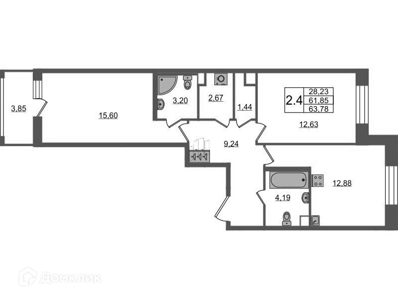 Продаётся 2-комнатная квартира, 61.85 м²