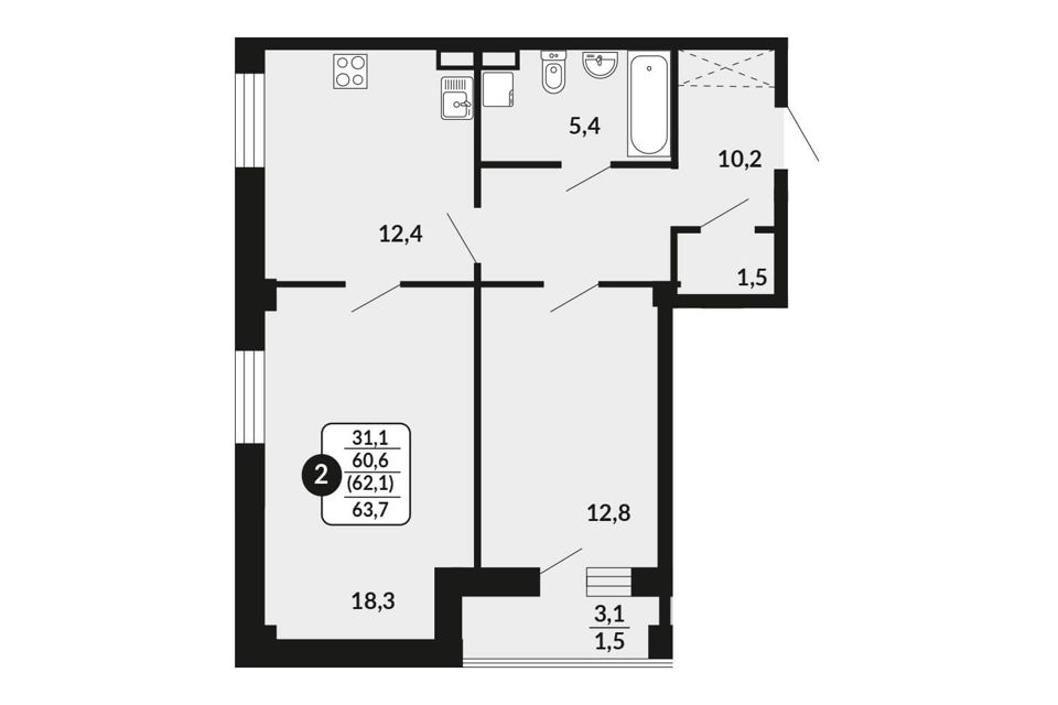 Продаётся 2-комнатная квартира, 62.1 м²