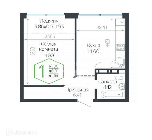 Продаётся 1-комнатная квартира, 43.87 м²