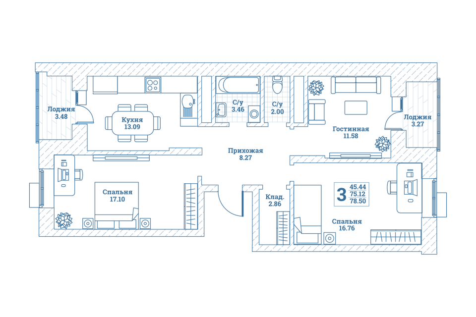 Продаётся 3-комнатная квартира, 78.7 м²