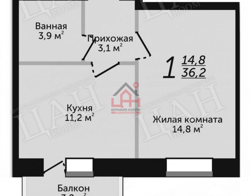 Продаётся 1-комнатная квартира, 36.2 м²