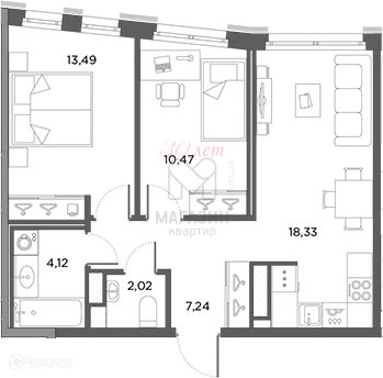 Продаётся 2-комнатная квартира, 55.67 м²