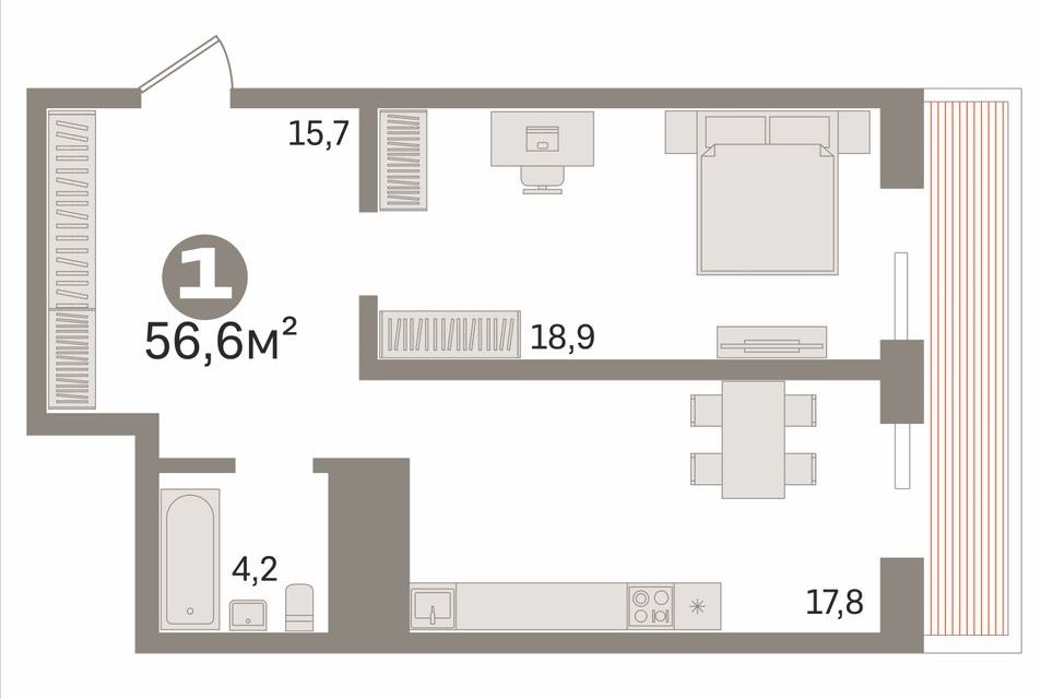 Продаётся 1-комнатная квартира, 56.6 м²