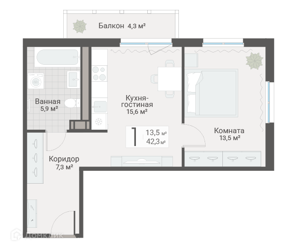 Продаётся 1-комнатная квартира, 42.3 м²