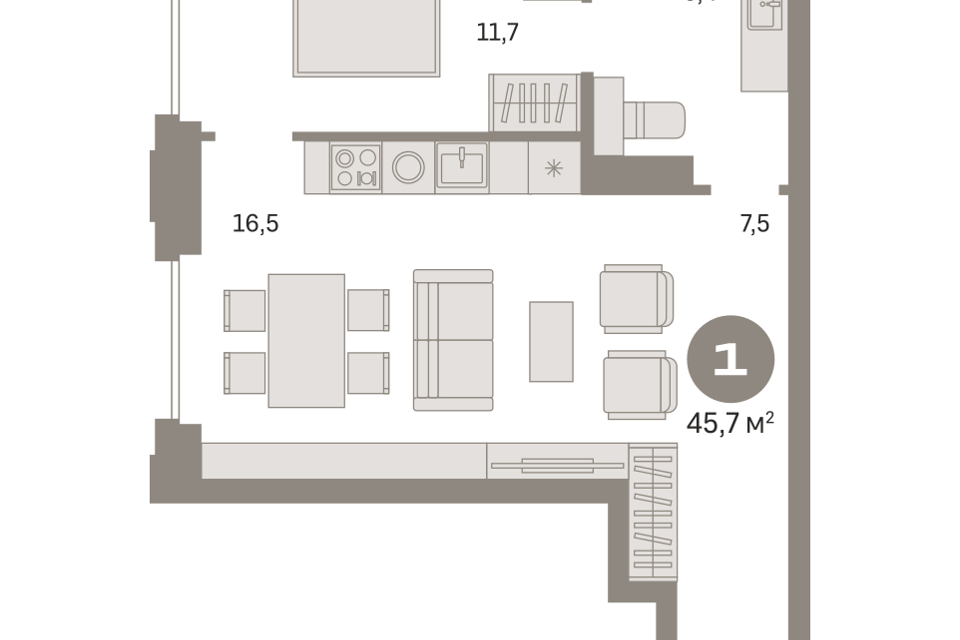 Продаётся 1-комнатная квартира, 45.85 м²