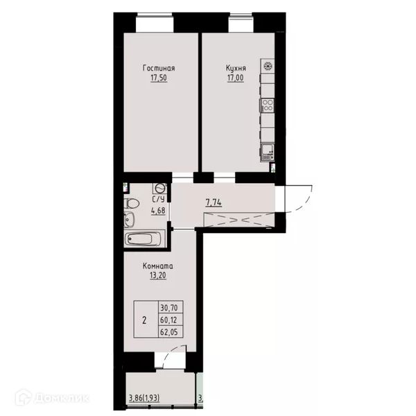 Продаётся 2-комнатная квартира, 62.4 м²