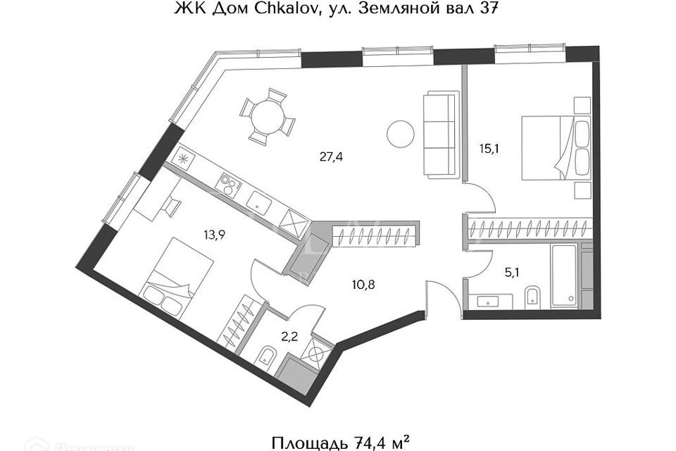 Продаётся 3-комнатная квартира, 74.4 м²