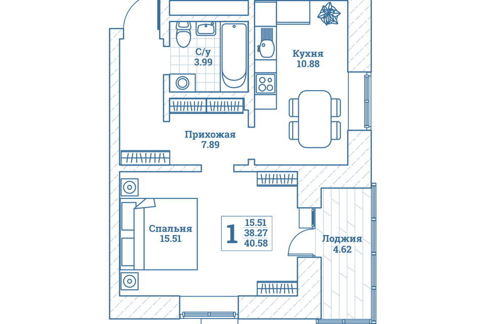 Продаётся 1-комнатная квартира, 40.7 м²