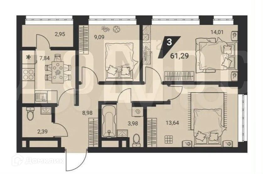 Продаётся 3-комнатная квартира, 61.2 м²