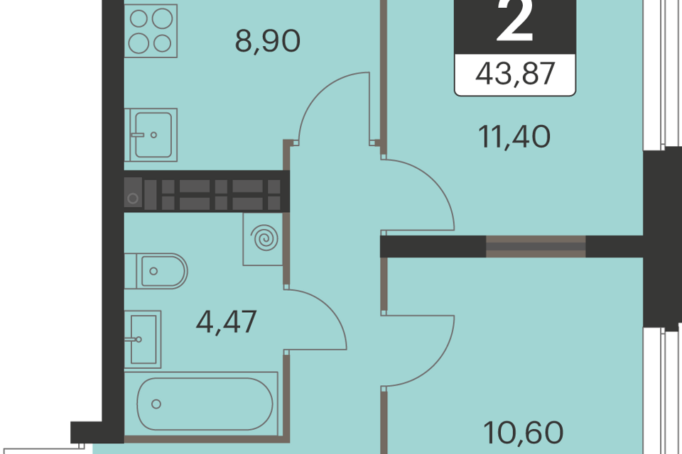 Продаётся 2-комнатная квартира, 43.7 м²