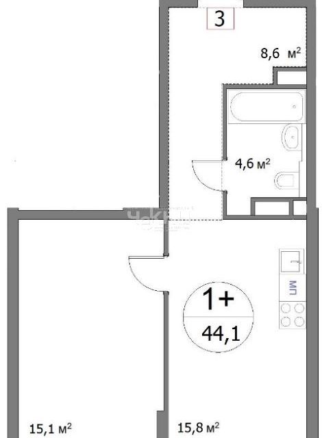 Продаётся 1-комнатная квартира, 44.1 м²