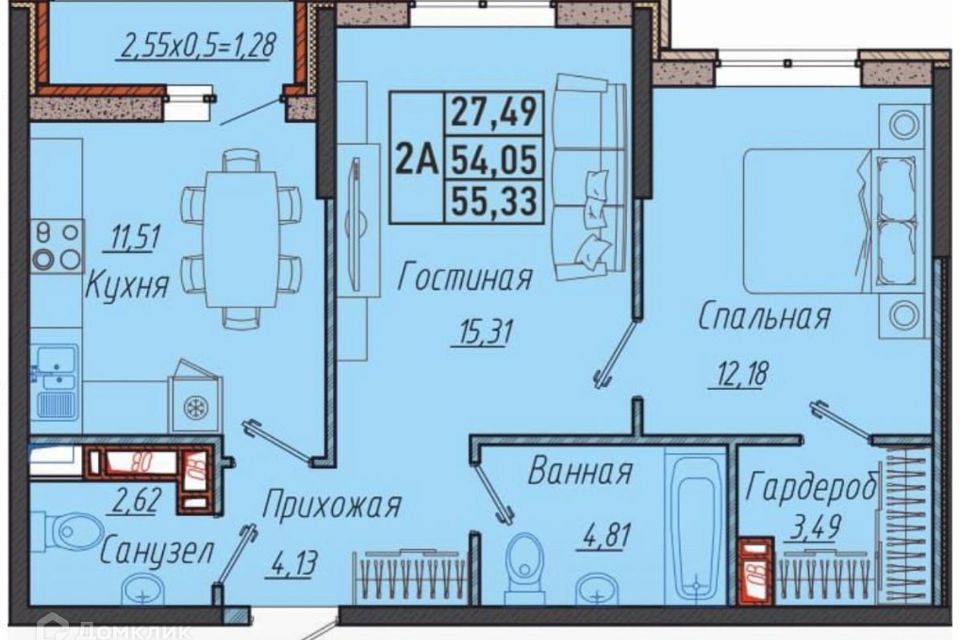 Продаётся 2-комнатная квартира, 55 м²