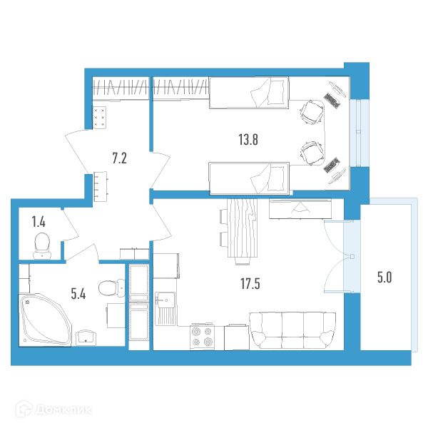 Продаётся 1-комнатная квартира, 46.8 м²