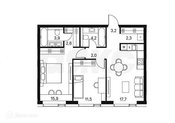 Продаётся 2-комнатная квартира, 63.3 м²