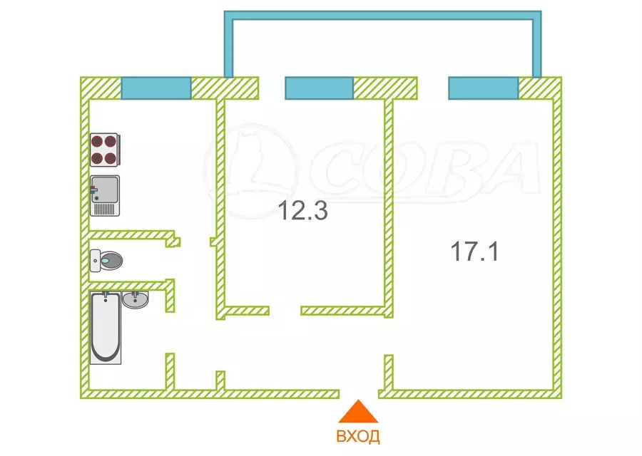 Продаётся 2-комнатная квартира, 47.1 м²