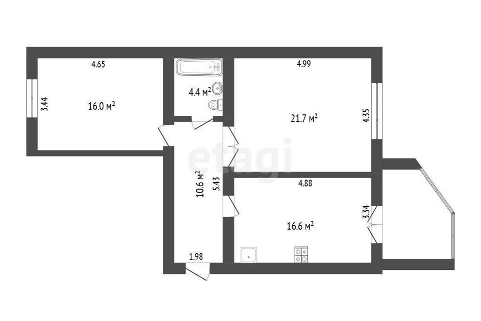 Продаётся 2-комнатная квартира, 66.9 м²