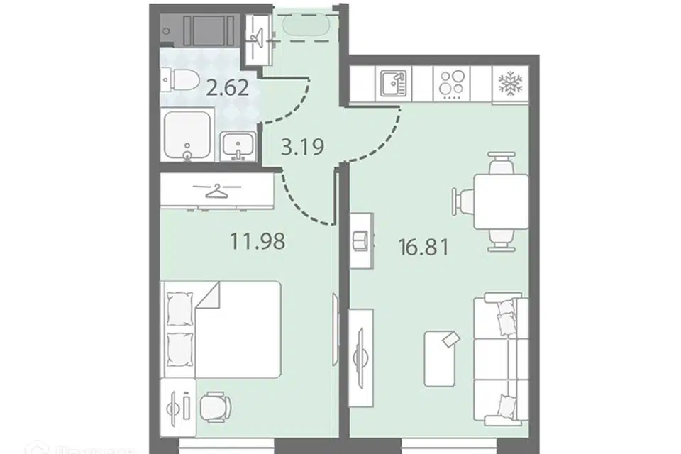 Продаётся 1-комнатная квартира, 34.5 м²