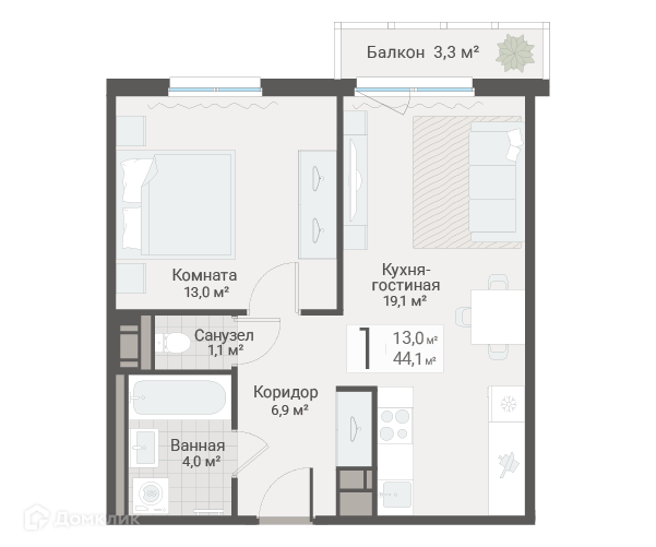 Продаётся 1-комнатная квартира, 44.1 м²
