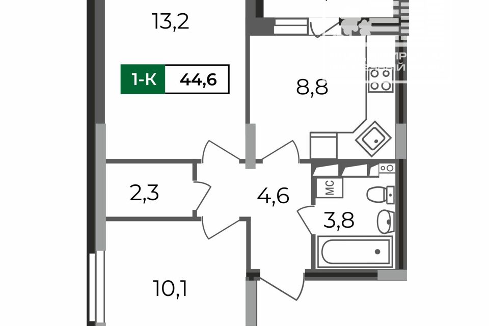 Продаётся 2-комнатная квартира, 44.6 м²