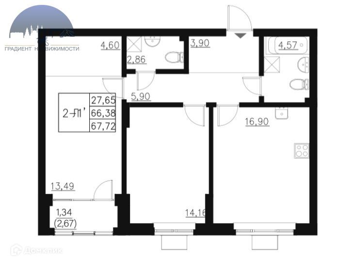 Продаётся 2-комнатная квартира, 68 м²