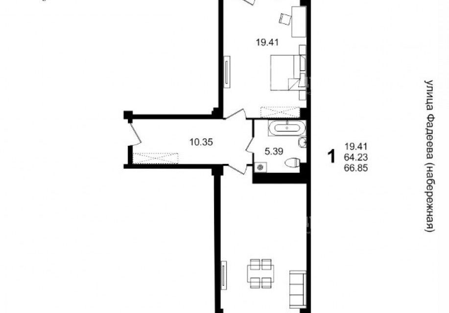 Продаётся 1-комнатная квартира, 66.8 м²