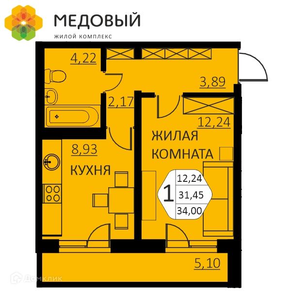 Продаётся 1-комнатная квартира, 31.2 м²
