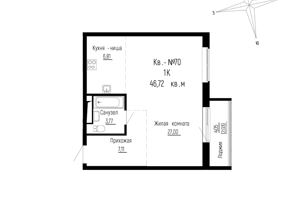 Продаётся 1-комнатная квартира, 46.72 м²